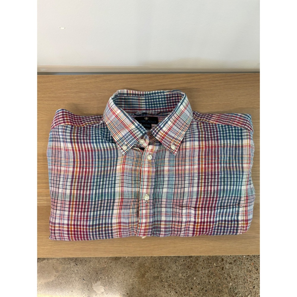 Toscano Mens Large 100% Linen Plaid Long Sleeve Button Down Shirt Multi-Color - Picture 4 of 5
